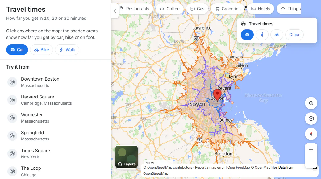 The Travel times page after a click on downtown Boston: three nested shaded areas show how far you can drive in 10, 20 and 30 minutes, with a small box to switch between car, walking and cycling